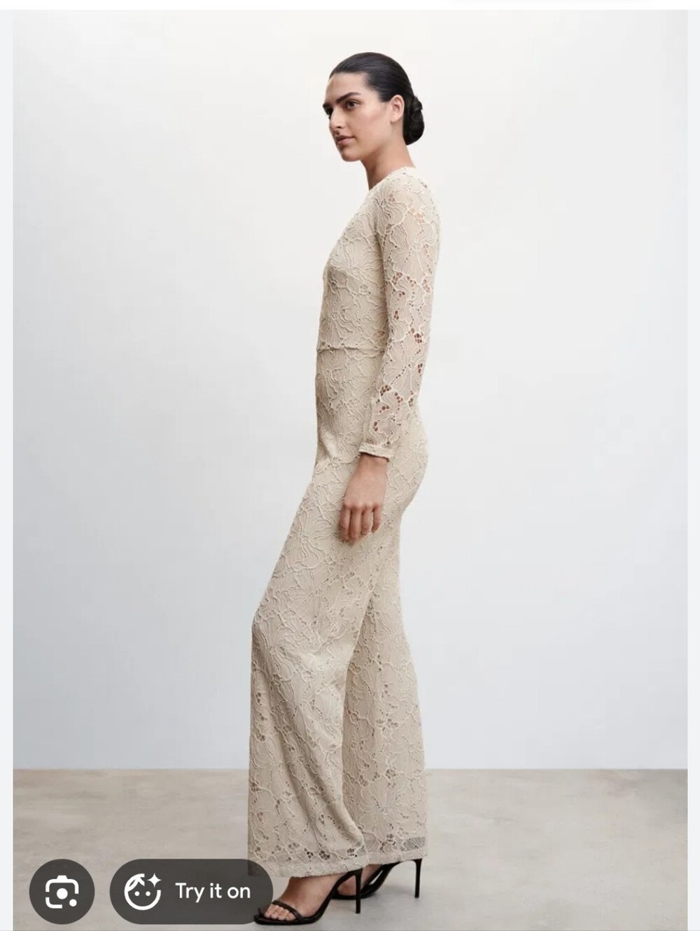 MANGO Lace Long Jumpsuit in Beige